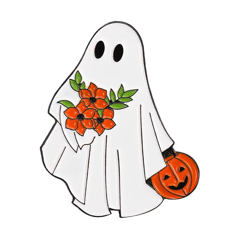 Halloween Enamel Pins Set - Cute Ghost, Black Cat, and Pumpkin Brooches for Kids
