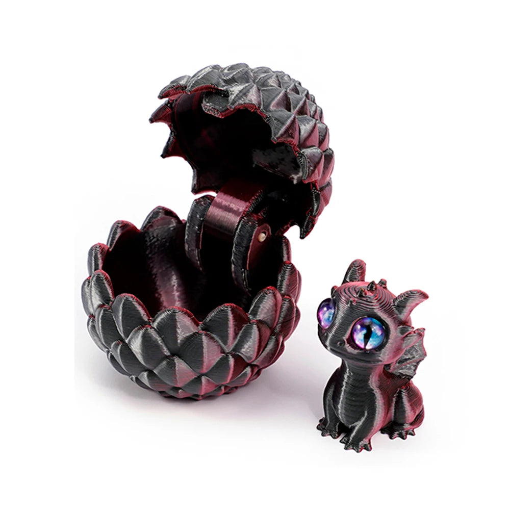 A black, textured dragon egg is open, revealing a small, dark figurine of a dragon toy inside.