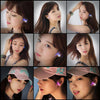 Close-up photos of women wearing LED light-up flashing stud earrings with color-changing zircon in various angles