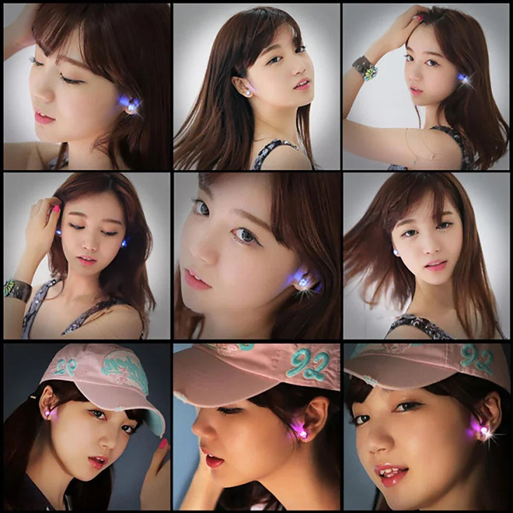 Close-up photos of women wearing LED light-up flashing stud earrings with color-changing zircon in various angles