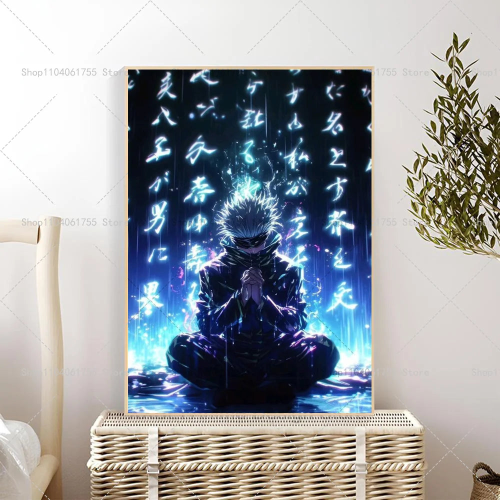 Anime wall poster featuring Gojo Satoru with glowing blue energy and dark background