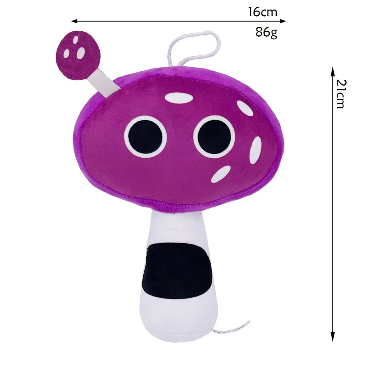 A purple collectible plush toy set featuring a large spotted cap and a white body.