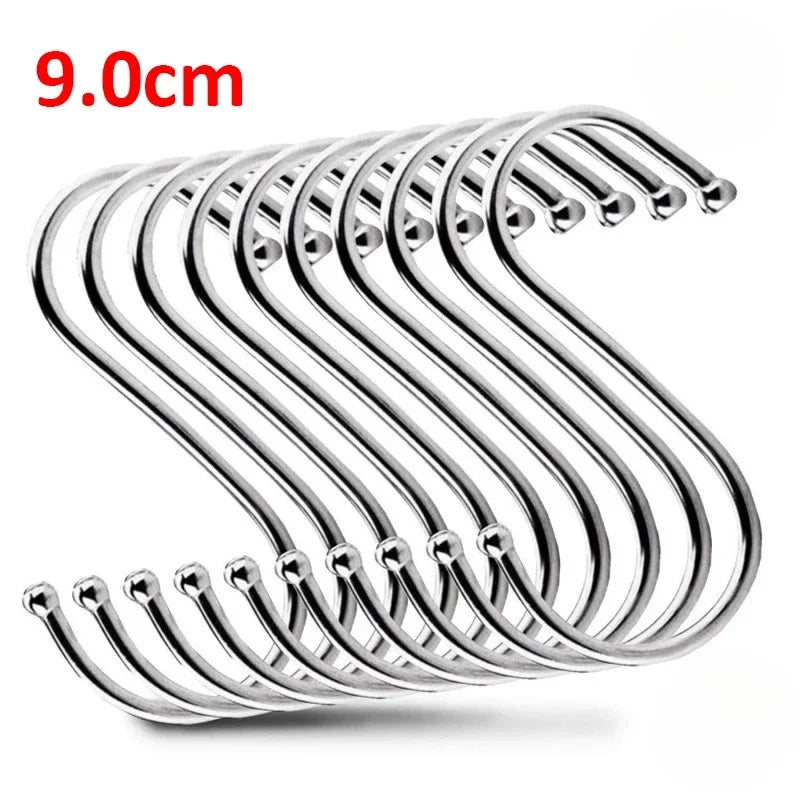 A set of ten S-shaped stainless steel hanging hooks, measuring 9.0cm long.