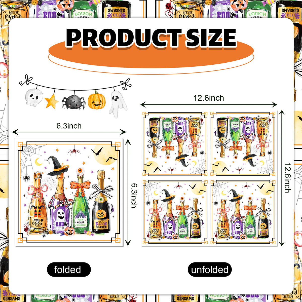 Product size guide showing folded and unfolded dimensions for Halloween skeleton and spider paper napkins.