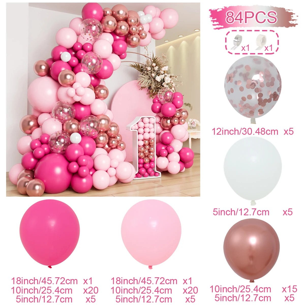 A large arrangement of pink and rose gold latex balloons for celebrations, including various sizes and colors.