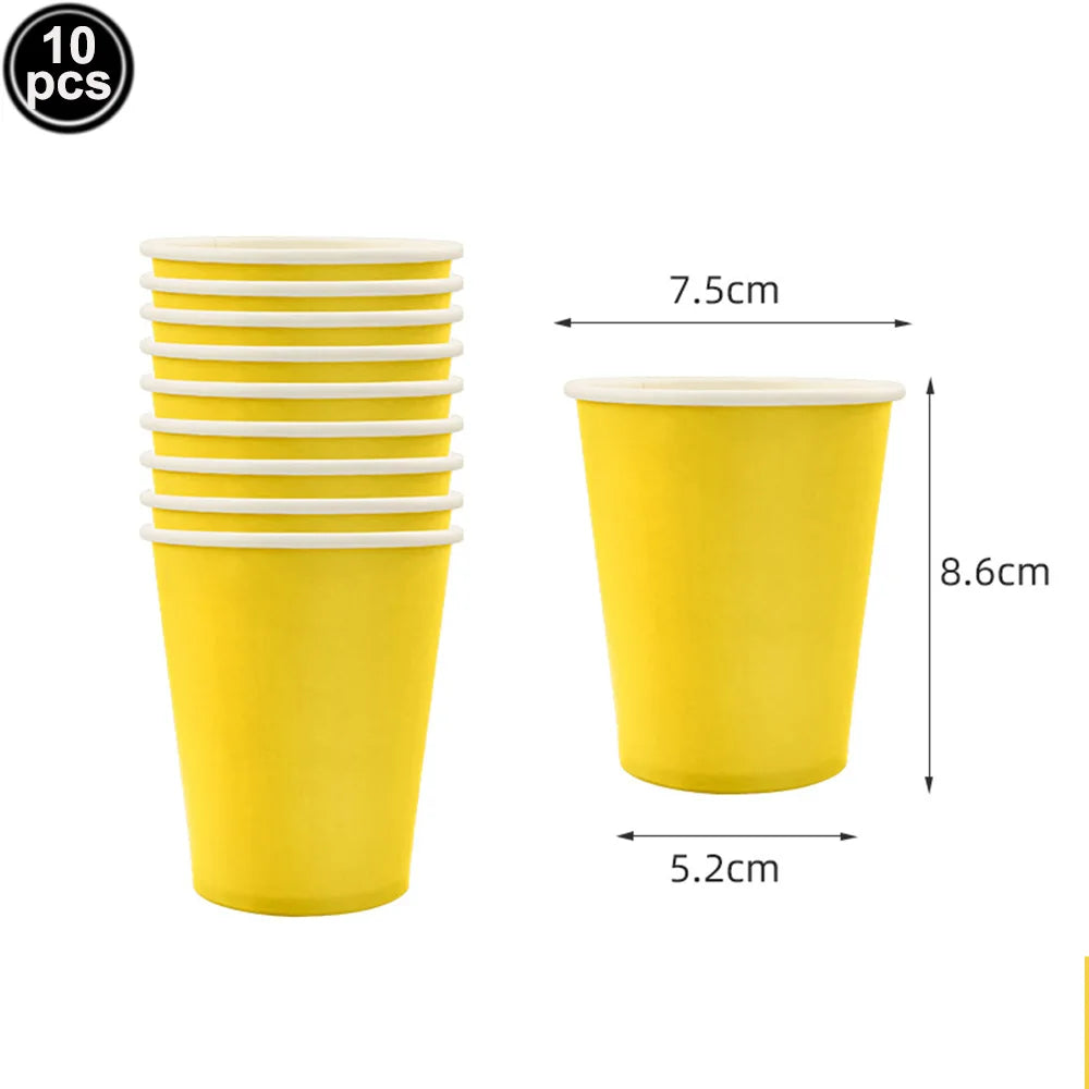 Ten yellow disposable paper cups with white rims shown in a vertical arrangement.