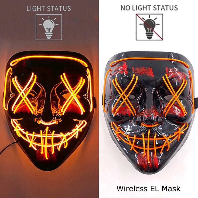A black EL mask with glowing orange wire details, shown in light status and no light status views.