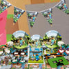 A collection of Minecraft themed birthday party decorations including pennants, plates, and other tableware.