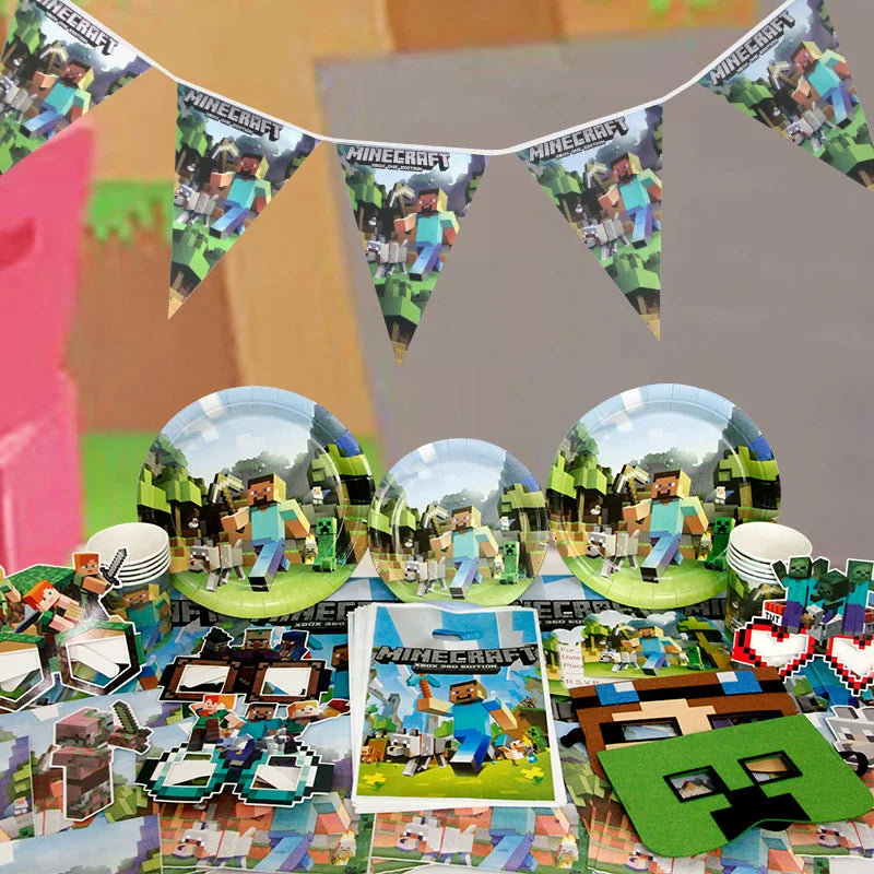 A collection of Minecraft themed birthday party decorations including pennants, plates, and other tableware.