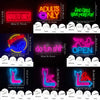 A collection of neon wall signs featuring words like ADULTS ONLY, BAD GIRLS HAVE MORE FUN, and NUDES in various colors and st