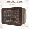 A wooden piggy bank with a grid of numbered slots for saving money, shown next to a size reference.