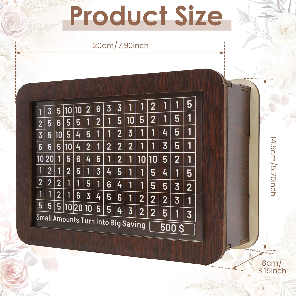 A wooden piggy bank with a grid of numbered slots for saving money, shown next to a size reference.