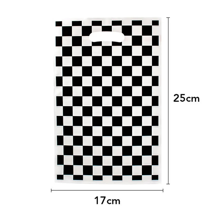 A rectangular clear plastic bag filled with a black and white checkered pattern for a birthday racing car party decoration se
