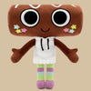 A brown plush toy with large black eyes and pink star accents, wearing a white top and striped legs.