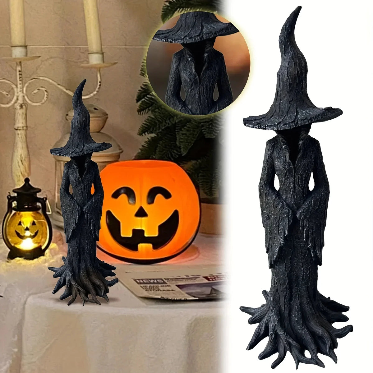 Estatua de bruja gótica gris oscura con sombrero ancho y túnicas fluidas junto a una calabaza naranja.