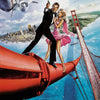 Poster for James Bond 007 A View to a Kill featuring Roger Moore in a suit and a woman in a pink dress flying past an airplan