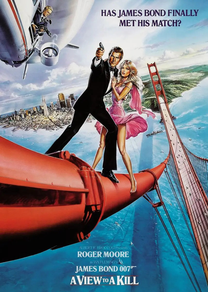 Poster for James Bond 007 A View to a Kill featuring Roger Moore in a suit and a woman in a pink dress flying past an airplan