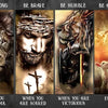 A series of five panels depicting lions and warriors with inspirational text: Be Strong, Be Brave, Be Humble, Be Awesome, Whe