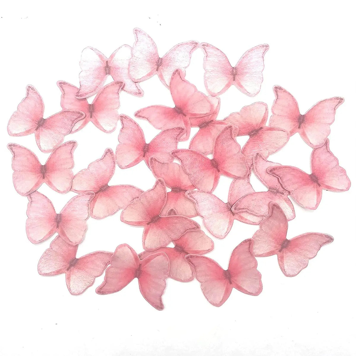 A collection of pink butterfly-shaped cupcake toppers.