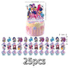 A set of 25 pink and purple anime-themed birthday cake toppers featuring various female characters.