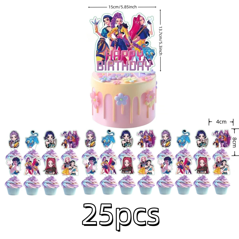 A set of 25 pink and purple anime-themed birthday cake toppers featuring various female characters.