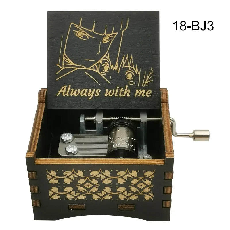 A wooden music box featuring a stylized anime character design and a metal mechanism.