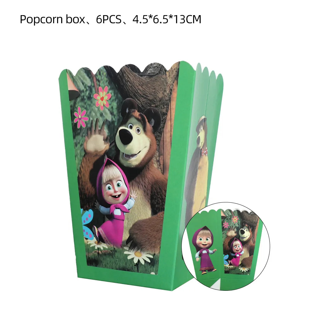 A set of six popcorn boxes featuring characters from Masha and the Bear for a birthday party.