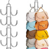 A set of five-tier rotating organizer hangers with swivel hooks displaying various pastel colored pouches.