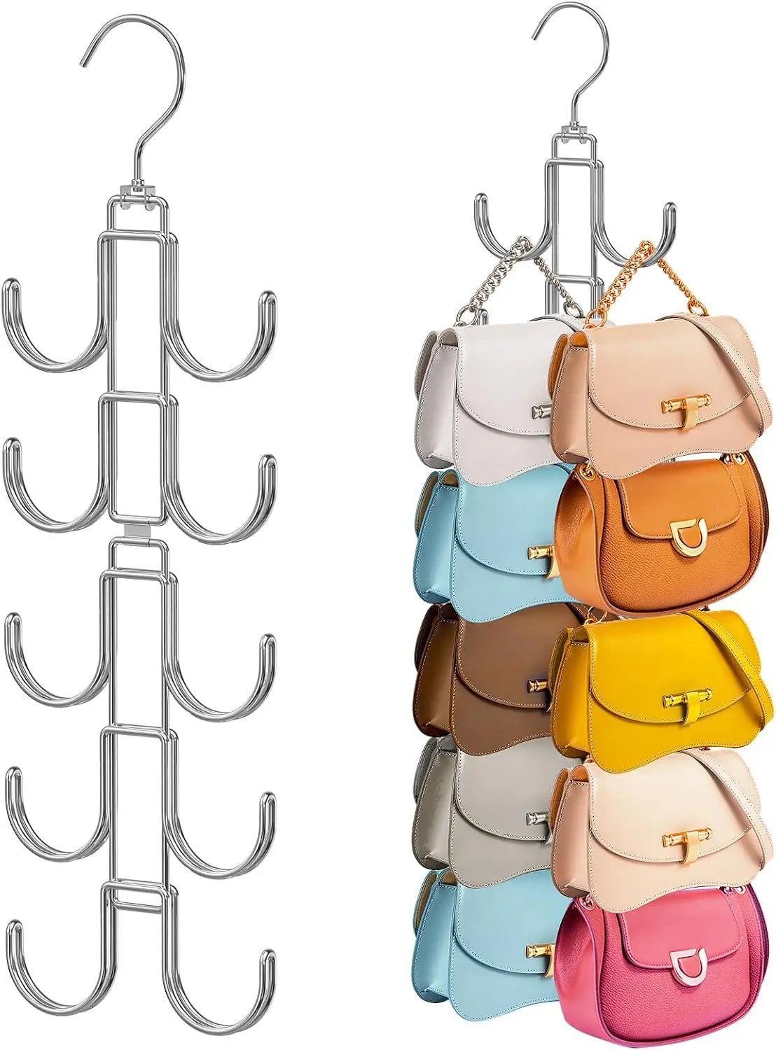 A set of five-tier rotating organizer hangers with swivel hooks displaying various pastel colored pouches.