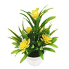 Artificial yellow lotus flowers in green leaves displayed in a white decorative pot.