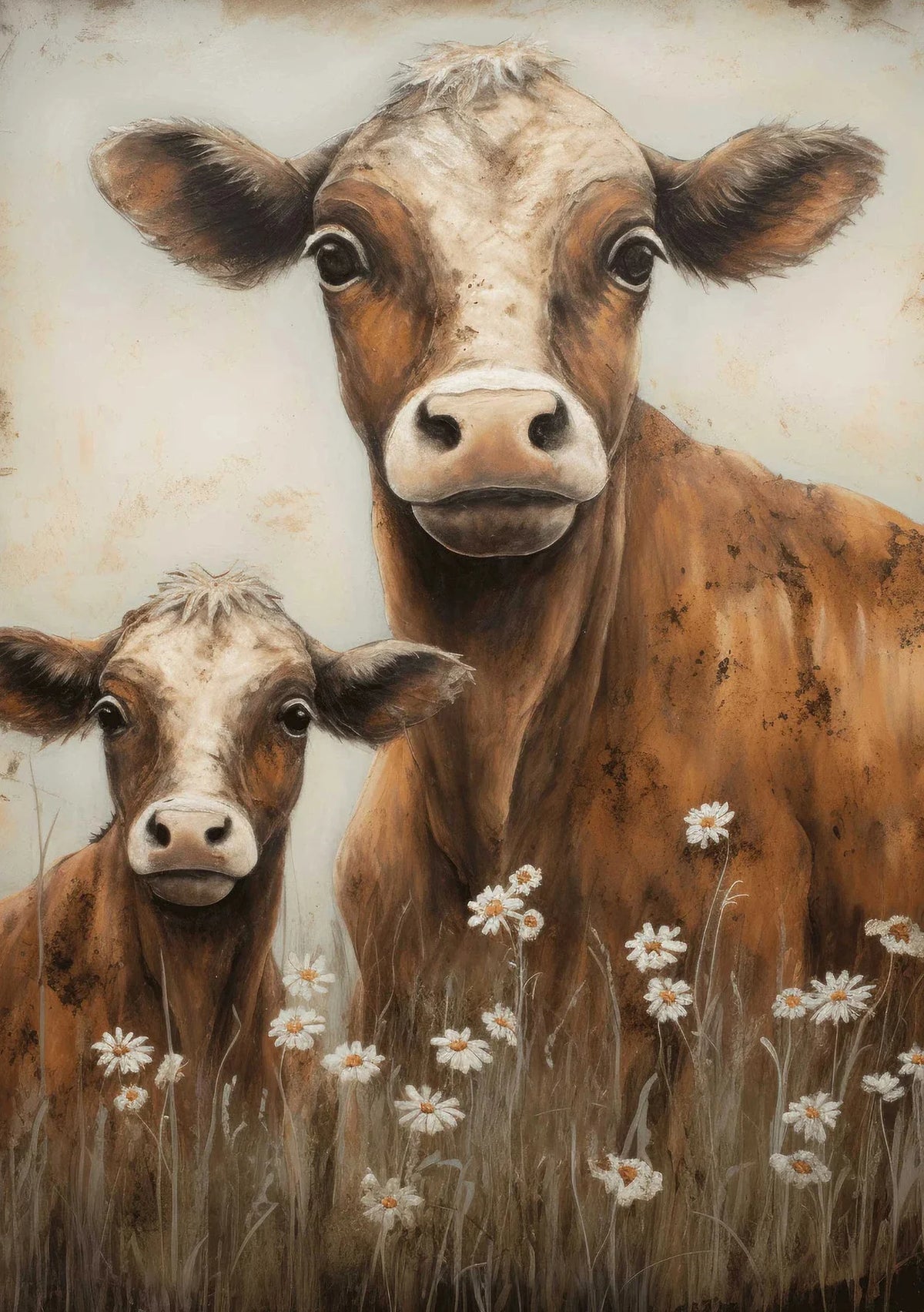 A close-up painting of a brown Highland cow looking directly at the viewer amidst wildflowers.