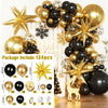 A package of black and gold confetti balloons forming an arch garland with various shapes and accessories.