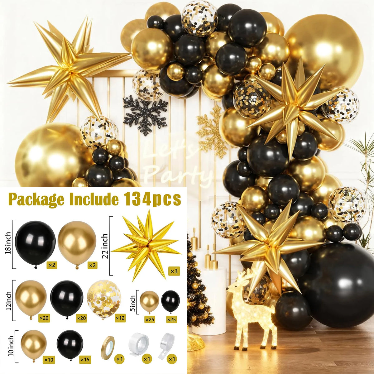 A package of black and gold confetti balloons forming an arch garland with various shapes and accessories.