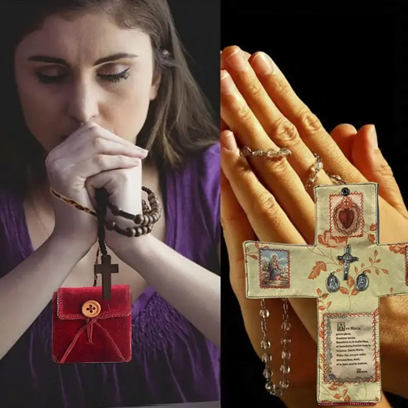 A woman holds a handcrafted red pocket shrine with a cross on a chain against a purple background.