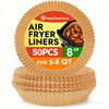 Pack of 50 disposable round air fryer liners, 8 inches in diameter, for 5-8 quarts.