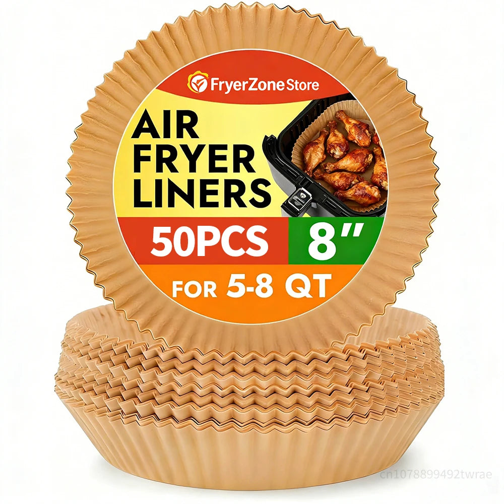 Pack of 50 disposable round air fryer liners, 8 inches in diameter, for 5-8 quarts.