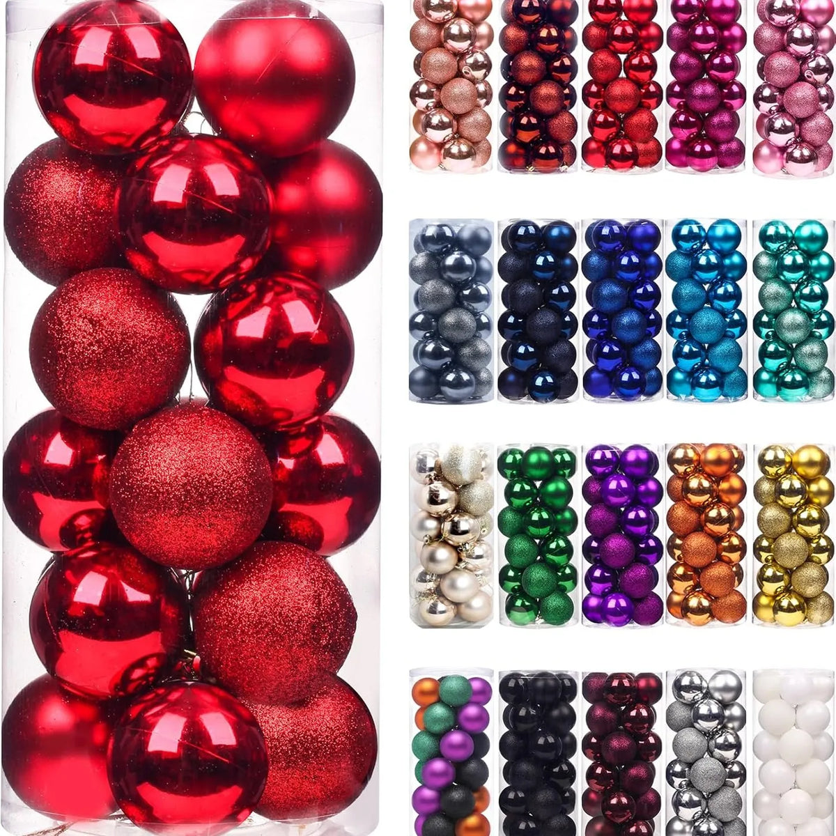 A collection of 24 festive Christmas baubles in various shades of red, gold, and purple glitter.
