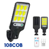 A black solar-powered motion sensor LED security light with a remote control and multiple light units.