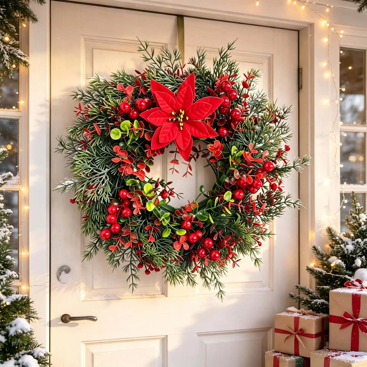 An artificial wreath of pine and eucalyptus greenery decorated with bright red berries hangs on a white door.