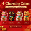 Four charming colored lucky cats in pink, black, white, and yellow on a red background.