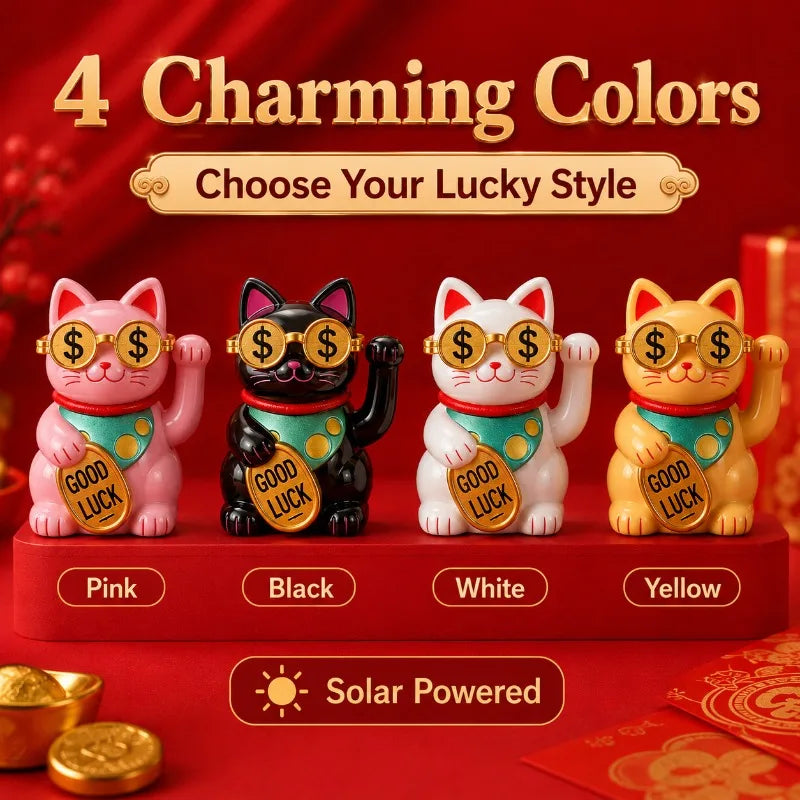 Four charming colored lucky cats in pink, black, white, and yellow on a red background.