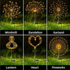 Grille montrant divers feux d'artifice LED solaires pour décoration de jardin, incluant un moulin à vent, un pissenlit, une g