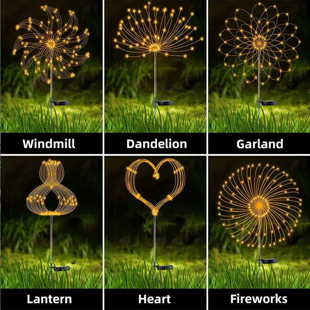 Grille montrant divers feux d'artifice LED solaires pour décoration de jardin, incluant un moulin à vent, un pissenlit, une g