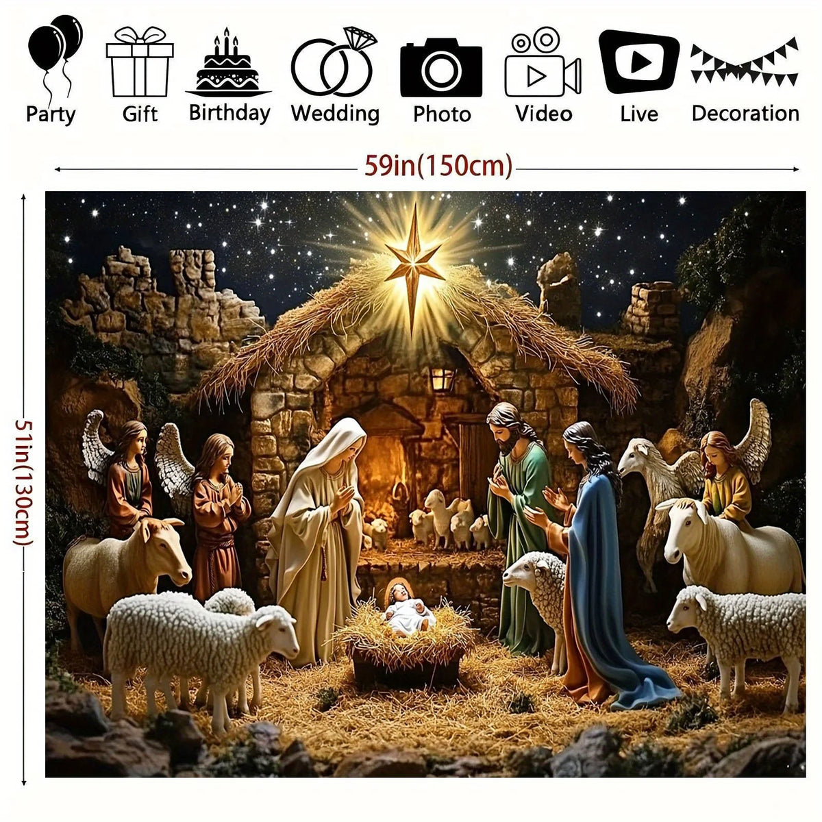 Christmas backdrop featuring Jesus, angels, and sheep in a rustic stable setting.