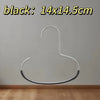 A silver hat organizer rack with a curved hook shape mounted on a wall.