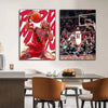 A vertical poster featuring a dynamic, close-up image of Dennis Rodman playing basketball in a red Bulls jersey.