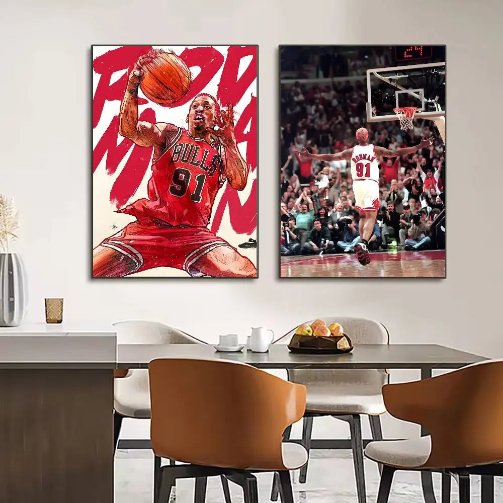 A vertical poster featuring a dynamic, close-up image of Dennis Rodman playing basketball in a red Bulls jersey.