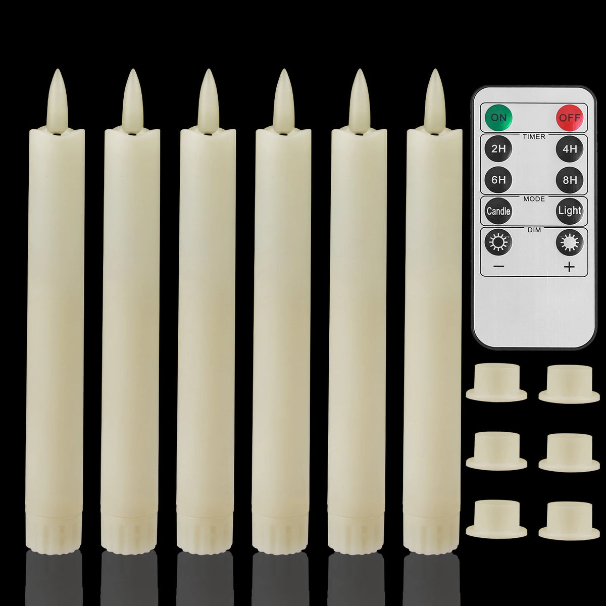 A set of six beige flameless LED taper candles and a remote control unit are displayed against a black background.