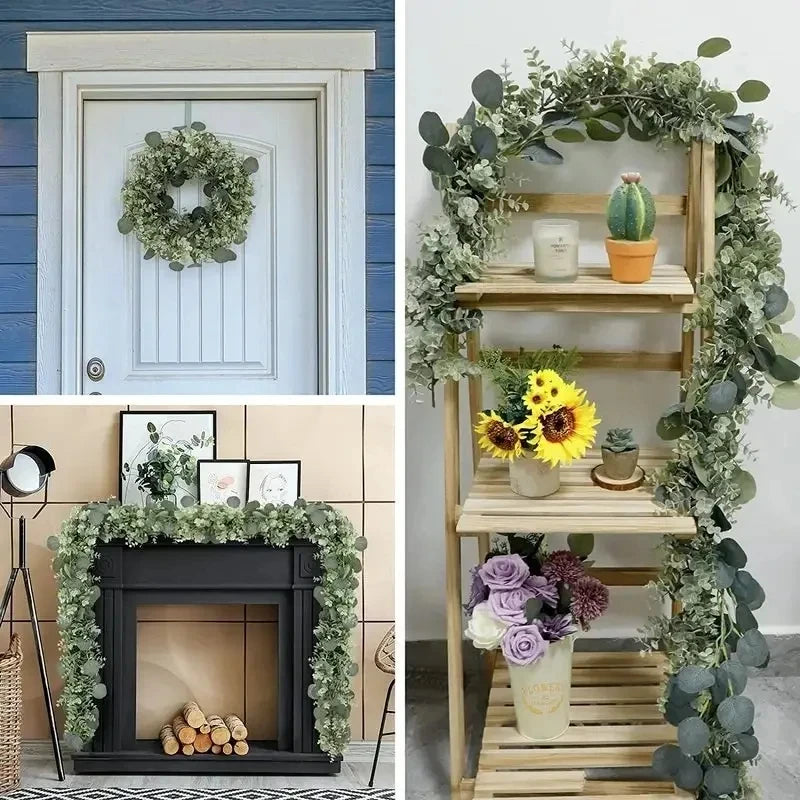 A wooden tiered shelf display decorated with artificial eucalyptus leaf garlands and potted plants.