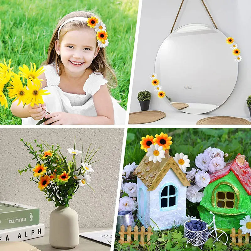 A young girl smiling while holding a bouquet of artificial sunflowers and daisies for decoration.